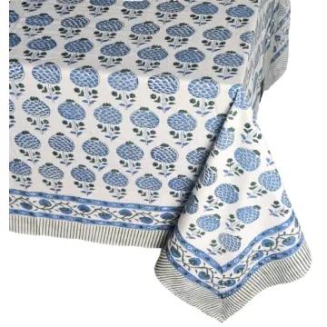 ATOSII Roma Blue Cotton Tablecloth, Handblock Floral Print 60x108