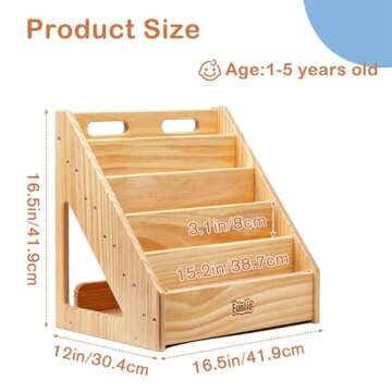 FUNLIO Montessori Bookshelf for Toddlers 1-5 Years, Front-Facing Kids Bookshelf with Handle & Anti-T...