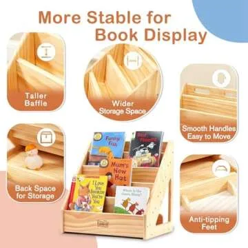 FUNLIO Montessori Bookshelf for Toddlers 1-5 Years, Front-Facing Kids Bookshelf with Handle & Anti-Tilting Device, Premium Pine Baby Bookshelf, Children's Bookcase for Nursery/Classroom, CPC Certified