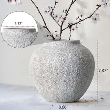 Rustic White Ceramic Vase Farmhouse Round Flower Clay Pottery Large Terracotta Floor Vases for Decorative Centerpiece Vintage Home Decor Aesthetic for Living Room Bedroom Table Entryway