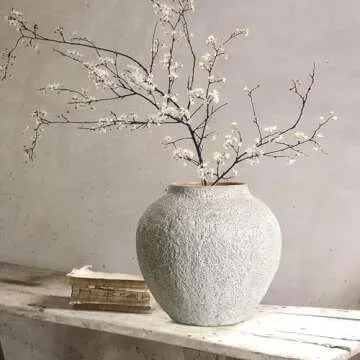 Rustic White Ceramic Vase Farmhouse Round Flower Clay Pottery Large Terracotta Floor Vases for Decorative Centerpiece Vintage Home Decor Aesthetic for Living Room Bedroom Table Entryway