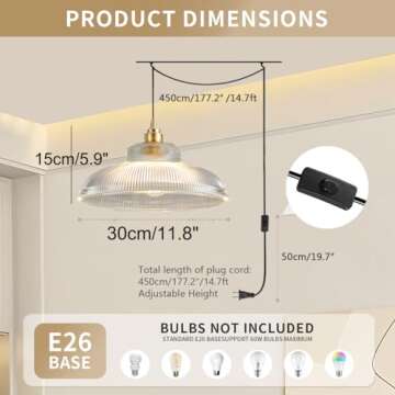 Qufute Mid Century Glass Plug in Pendant Light Clear Glass Hanging Light Fixture Industrial Glass Pe...