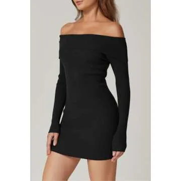 QINSEN Womens Off The Shoulder Sweater Dress Long Sleeve Ribbed Knit Bodycon Y2k Mini Dress Black XS