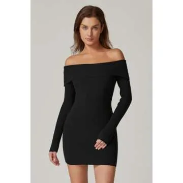 QINSEN Womens Off The Shoulder Sweater Dress Long Sleeve Ribbed Knit Bodycon Y2k Mini Dress Black XS