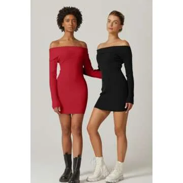 QINSEN Womens Off The Shoulder Sweater Dress Long Sleeve Ribbed Knit Bodycon Y2k Mini Dress Black XS