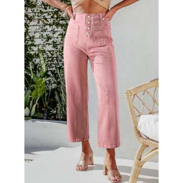 Sidefeel Women's Wide Leg Jeans High Waisted Straight Leg Jeans Buttoned Loose Stretchy Denim Pants with Pocket Peach Blossom Size 6