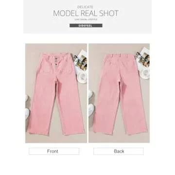 Sidefeel Women's Wide Leg Jeans High Waisted Straight Leg Jeans Buttoned Loose Stretchy Denim Pants with Pocket Peach Blossom Size 6