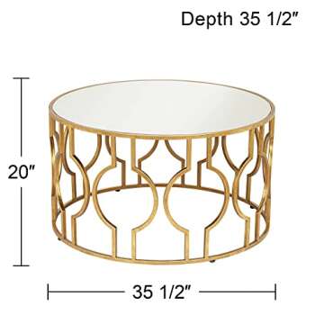 55 Downing Street Fara Modern Antiqued Gold Leaf Metal Round Coffee Table 35 1/2" Wide with Openwork Mirrored Glass Tabletop for Living Room Bedroom Bedside Entryway House Balcony Office Home