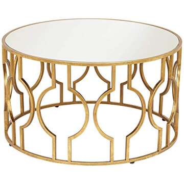 55 Downing Street Fara Modern Antiqued Gold Leaf Metal Round Coffee Table 35 1/2" Wide with Openwork Mirrored Glass Tabletop for Living Room Bedroom Bedside Entryway House Balcony Office Home