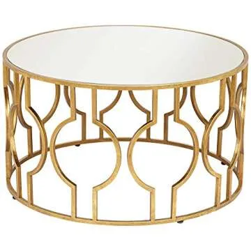 55 Downing Street Fara Modern Antiqued Gold Leaf Metal Round Coffee Table 35 1/2" Wide with Openwork Mirrored Glass Tabletop for Living Room Bedroom Bedside Entryway House Balcony Office Home