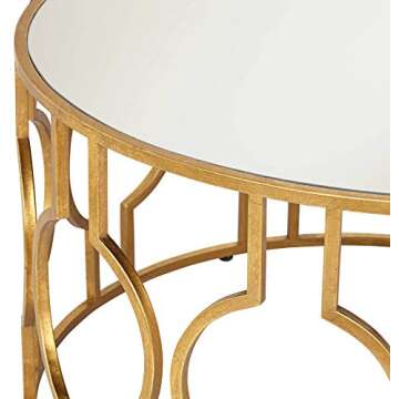 55 Downing Street Fara Modern Antiqued Gold Leaf Metal Round Coffee Table 35 1/2" Wide with Openwork Mirrored Glass Tabletop for Living Room Bedroom Bedside Entryway House Balcony Office Home
