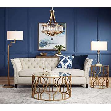 55 Downing Street Fara Modern Antiqued Gold Leaf Metal Round Coffee Table 35 1/2" Wide with Openwork Mirrored Glass Tabletop for Living Room Bedroom Bedside Entryway House Balcony Office Home