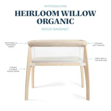 Baby Delight Heirloom Willow Wooden Bassinet | Bedside Sleeper & Baby Bassinet | 100% GOTS Certified Organic Cotton Fabric | Organic Oat