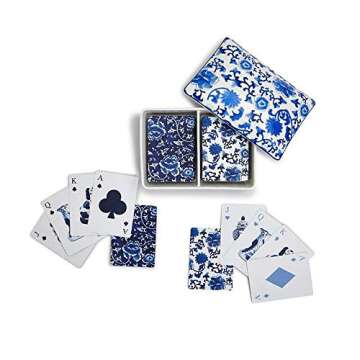 Two's Company Double Deck Playing Cards in Blue and White Ceramic Storage Box