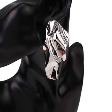 Statement Geometric Texture Earrings for Women,Large Fashion Irregular Minimalism Metal Earrings,Rectangle Large Hypoallergenic Leaf Earrings Trendy Jewley(Silver)