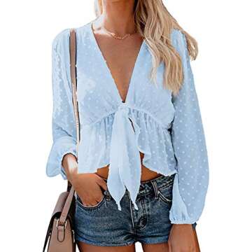 Women's Solid Open Front Tie Knot Crop Top Long Sleeve Deep V Neck Ruffle Chiffon Short Blouse Shirt Blue