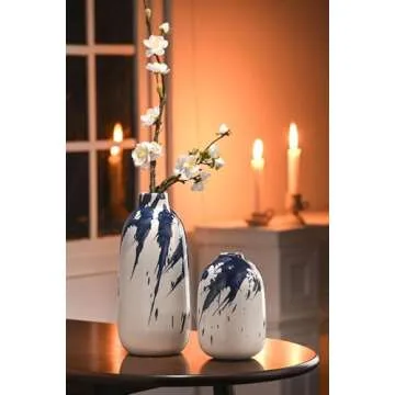 TERESA'S COLLECTIONS Navy Blue and White Porcelain Flowers Ceramic Vases for Home Decor,Decorative Ocean Chinoiserie Vase for Mantel,Shelf,Living Room,Table,Gifts for Mom,10" 2PCs Valentine Vase Set
