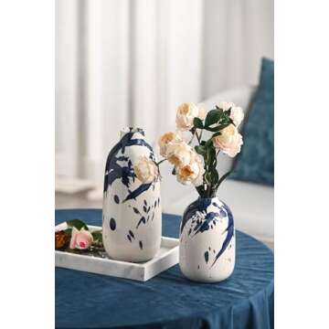 TERESA'S COLLECTIONS Navy Blue and White Porcelain Flowers Ceramic Vases for Home Decor,Decorative Ocean Chinoiserie Vase for Mantel,Shelf,Living Room,Table,Gifts for Mom,10" 2PCs Valentine Vase Set