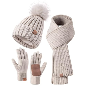 Womens Fleece Lined Winter Hat, Scarf & Glove Set with Pom Pom Beanie (Oatmeal)