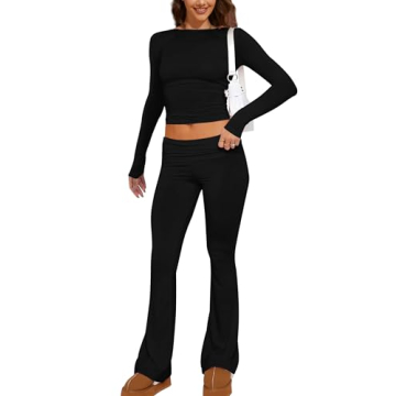 MISSACTIVER Women's Two Piece Outfit Basic Long Sleeve Crop Top and Low Rise Flare Pants Set Lounge ...