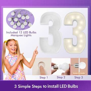 4FT Marquee Light Up Number Pre-Cut Frame Giant Marquee Numbers 3, Mosaic Numbers for Balloons, 30th...