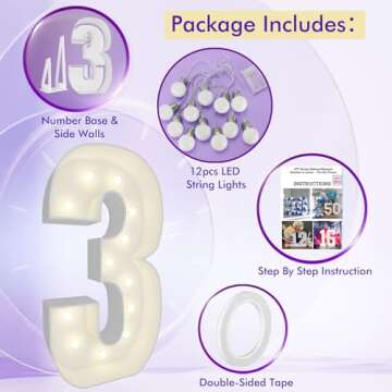 4FT Marquee Light Up Number Pre-Cut Frame Giant Marquee Numbers 3, Mosaic Numbers for Balloons, 30th 13th Birthday Decorations 2023 Graduation Decorations, Balloon Arch Kit
