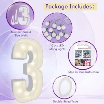 4FT Marquee Light Up Number Pre-Cut Frame Giant Marquee Numbers 3, Mosaic Numbers for Balloons, 30th 13th Birthday Decorations 2023 Graduation Decorations, Balloon Arch Kit