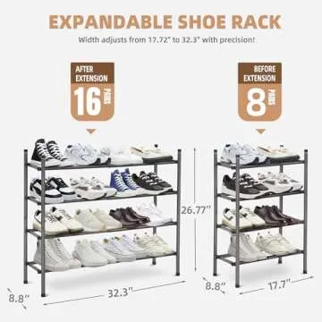 STORAGE MANIAC Expandable Shoe Rack, Stackable Shoe Rack for Closet, Small Shoe Rack Organizer for Entryway, Adjustable Shoe Rack for Garage, Shoe Rack for Front Door, Metal Shoe Rack, Black 4 Tier