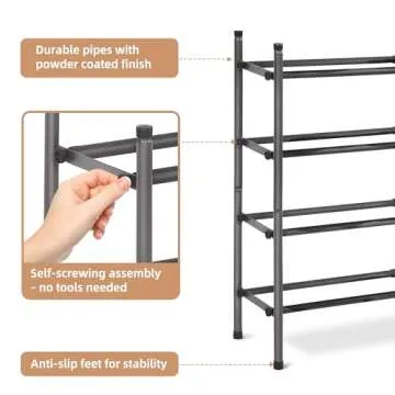 STORAGE MANIAC Expandable Shoe Rack, Stackable Shoe Rack for Closet, Small Shoe Rack Organizer for Entryway, Adjustable Shoe Rack for Garage, Shoe Rack for Front Door, Metal Shoe Rack, Black 4 Tier