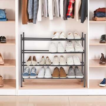 STORAGE MANIAC Expandable Shoe Rack, Stackable Shoe Rack for Closet, Small Shoe Rack Organizer for Entryway, Adjustable Shoe Rack for Garage, Shoe Rack for Front Door, Metal Shoe Rack, Black 4 Tier