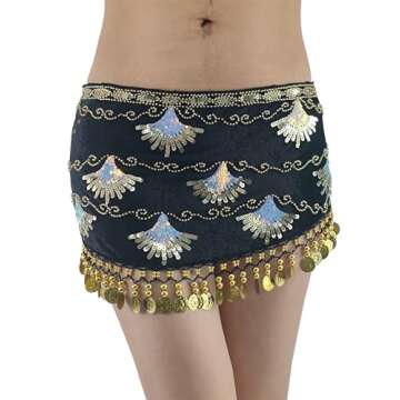 ZLTdream Belly Dance Hip Scarf with Coins Shell-Shape Glitter Sequin Sparkle Wrap Skirt for Women Ou...