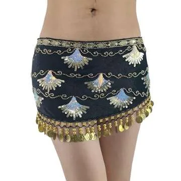 ZLTdream Belly Dance Hip Scarf with Coins Shell-Shape Glitter Sequin Sparkle Wrap Skirt for Women Ou...