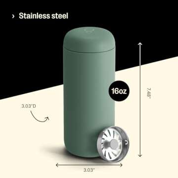 Fellow 16 oz Carter Move Travel Mug - Vacuum-Insulated Stainless Steel Travel Coffee Mug - Coffee Tumbler with Ceramic Interior and Splash Guard - Smoke Green