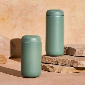Fellow 16 oz Carter Move Travel Mug - Vacuum-Insulated Stainless Steel Travel Coffee Mug - Coffee Tumbler with Ceramic Interior and Splash Guard - Smoke Green