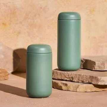 Fellow 16 oz Carter Move Travel Mug - Vacuum-Insulated Stainless Steel Travel Coffee Mug - Coffee Tumbler with Ceramic Interior and Splash Guard - Smoke Green