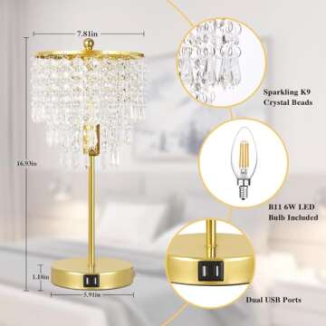 Touch Control Crystal Table Lamp with Dual USB Ports, 3-Way Dimmable Gold Lamp, Bedside Light with C...