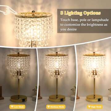 Touch Control Crystal Table Lamp with Dual USB Ports, 3-Way Dimmable Gold Lamp, Bedside Light with Crystal Shade, Girls Lamp for Bedroom, Living Room, Teens Room, Dresser, 6W LED Bulb Included