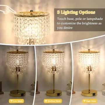 Touch Control Crystal Table Lamp with Dual USB Ports, 3-Way Dimmable Gold Lamp, Bedside Light with Crystal Shade, Girls Lamp for Bedroom, Living Room, Teens Room, Dresser, 6W LED Bulb Included