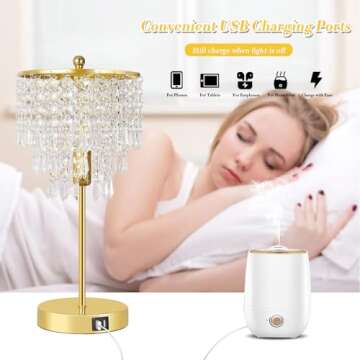 Touch Control Crystal Table Lamp with Dual USB Ports, 3-Way Dimmable Gold Lamp, Bedside Light with Crystal Shade, Girls Lamp for Bedroom, Living Room, Teens Room, Dresser, 6W LED Bulb Included