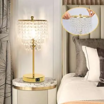 Touch Control Crystal Table Lamp with Dual USB Ports, 3-Way Dimmable Gold Lamp, Bedside Light with Crystal Shade, Girls Lamp for Bedroom, Living Room, Teens Room, Dresser, 6W LED Bulb Included