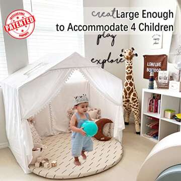 Large Kids Tent with Pompom, Kids Playhouse Indoor & Outdoor with Star Lights, Tent for Kids Reading...
