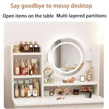 MONGMON Dressing Table,Makeup Table with Drawers, Vanity Desk with Mirror and led Lights,3 Lighting Mode,Makeup Vanity Desk,Multifunctional Makeup Writing Desk for Bedroom (White)
