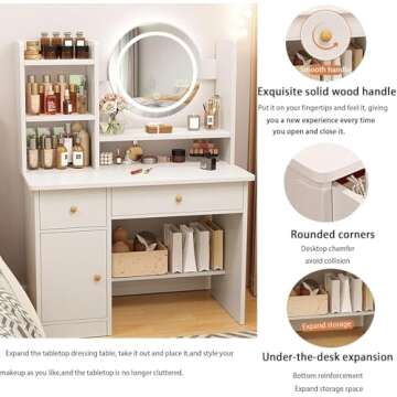 MONGMON Dressing Table,Makeup Table with Drawers, Vanity Desk with Mirror and led Lights,3 Lighting Mode,Makeup Vanity Desk,Multifunctional Makeup Writing Desk for Bedroom (White)