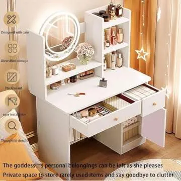 MONGMON Dressing Table,Makeup Table with Drawers, Vanity Desk with Mirror and led Lights,3 Lighting Mode,Makeup Vanity Desk,Multifunctional Makeup Writing Desk for Bedroom (White)