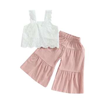 2PCS Baby Girl Sleeveless Strap Lace Crop Vest Tops + Flared Wide-Leg Pants Toddler Summer Outfits Set Clothes (Pink, 18-24 Months)