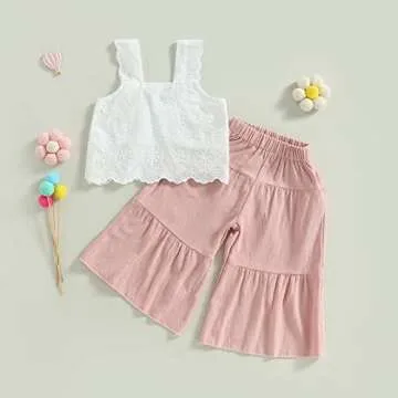 2PCS Baby Girl Sleeveless Strap Lace Crop Vest Tops + Flared Wide-Leg Pants Toddler Summer Outfits Set Clothes (Pink, 18-24 Months)