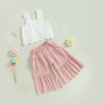 2PCS Baby Girl Sleeveless Strap Lace Crop Vest Tops + Flared Wide-Leg Pants Toddler Summer Outfits Set Clothes (Pink, 18-24 Months)