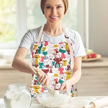CRJHNS Cute Apron with 2 Pockets for Women, Adjustable Neck Strap and Long Waist Ties Cotton Cooking Baking Apron, Use as a Kitchen and Chef Apron, Artist or Garden Apron (Cat)
