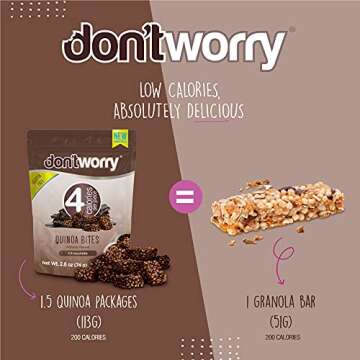 Don't Worry Chocolate Quinoa Bites - 4 Calories Perfect Keto Cookies, Healthy Snack Bars, Low Carb Low Calorie Snacks, Gluten Free High Protein Cookies - 4 Pack