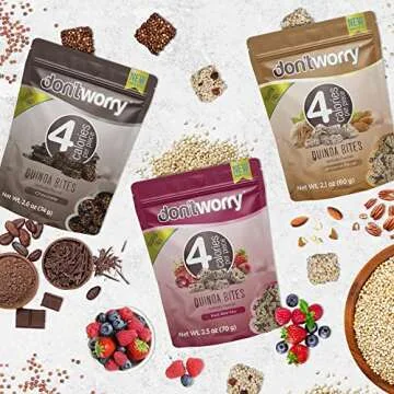Don't Worry Chocolate Quinoa Bites - 4 Calories Perfect Keto Cookies, Healthy Snack Bars, Low Carb Low Calorie Snacks, Gluten Free High Protein Cookies - 4 Pack